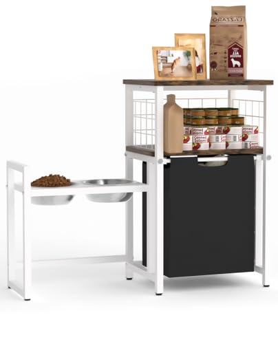 Sungaryard 30.6Long x 26.2 High Elevated Dog Bowl Stand with Pet Food Storage Organizer, Adjustable Raised Feeding Station with Toy Basket for Large Medium Small Dogs and Cats, White