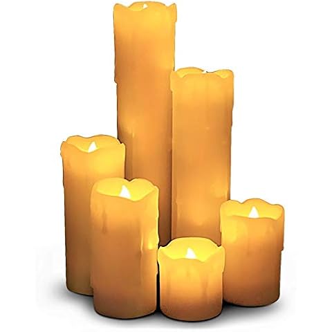 LED Lytes Timer Flameless Candles, Slim Set of 6, 2" Wide and 2"- 9" Tall, Ivory Color Wax and Flickering Amber Yellow Flame Battery Powered Flickering Candle Set Cover