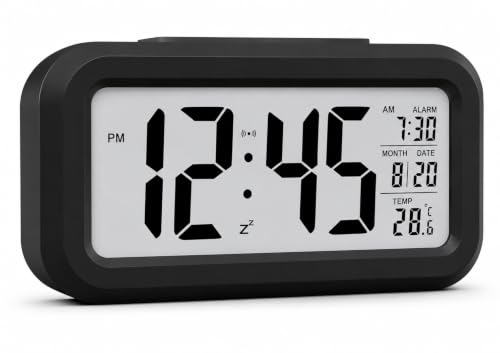 Image of Digital Alarm Clock with Automatic Sensor LED Display Table Clock Date Time & Temperature Display Smart Desk Clock for Students, Bedroom Home & Office Black | Date Display, Time Display, Temperature Display, For Students, Bedroom, Home & Office
