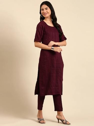 Image of SHOWOFFFF Women Woven Design Two-Piece Straight Ethnic Kurta Set | Scoop Neck 3 /4th Sleeves Silk Kurta Set for Womens | Mid-Rise Regular Fit Calf Length Kurta Set for Women's
