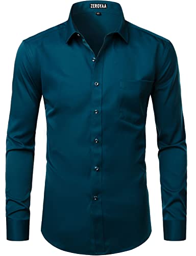 ZEROYAA Men's Business Formal Slim Fit Long Sleeve Button Up Dress Shirts with Pocket2