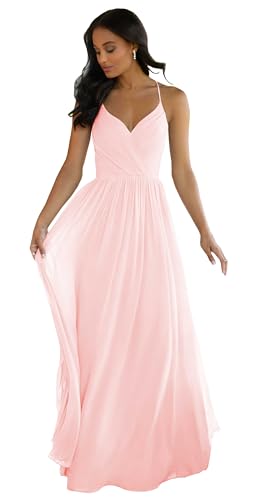 Image of LANGKAAO Women's V Neck Bridesmaid Dresses Long for Wedding A-Line Chiffon Open Back Formal Gown with Pockets