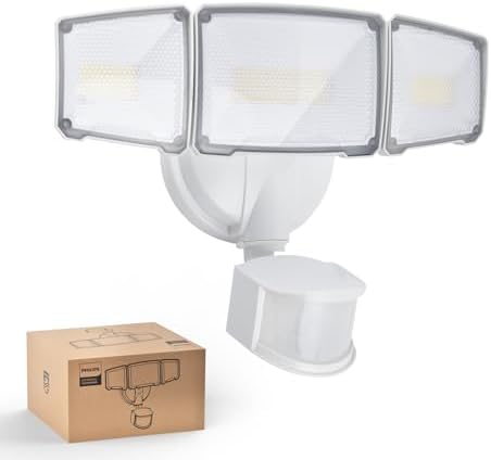 Philips 72W 7400LM LED Security Lights w/PIR Motion Sensor Outdoor, 5000K Daylight Dusk to Dawn Aluminum Flood Light, 3 Adjustable Heads, Waterproof for Garage, Yard, Porch