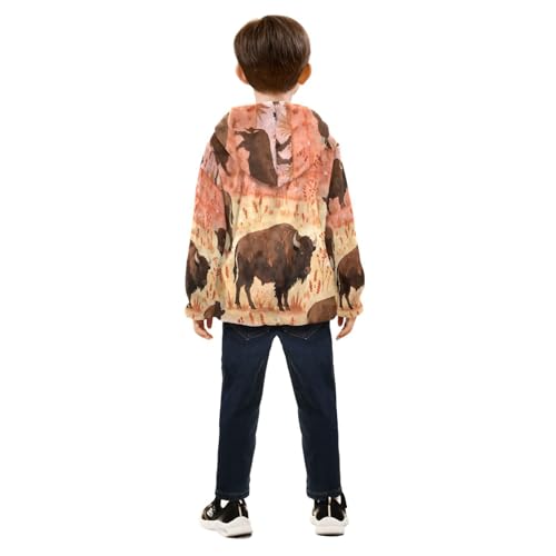 Buffalo Herd in Autumn Landscape Toddler Fleece Jacket Girl Boys Hooded Fleece Jacket Coat Warm Outwear Zip-up 3-10T4