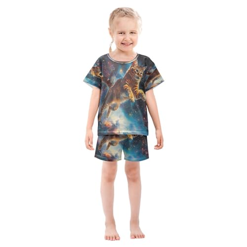 ALAZA Fly Cat Kitten Space Pajamas Set Short Sleeve Cotton Sleepwear Summer Pjs 2 Piece 5-14Y3