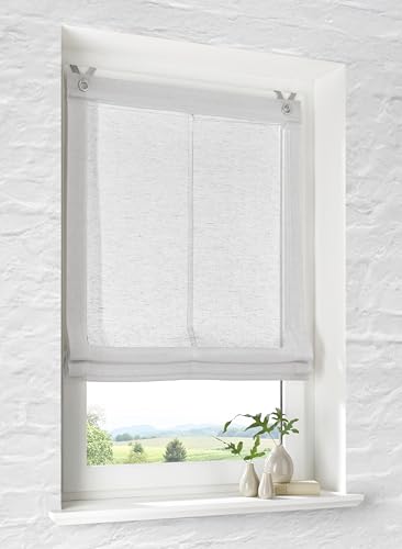 Store romain avec œillets Brondy - Blanc semi-transparent - Aspect lin - Avec crochets de suspension - Sans perçage - Largeur : 100 cm - Hauteur : 140 cm