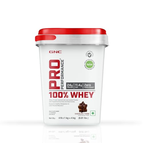 Image of GNC Pro Performance 100% Whey Protein Powder | 8.8 Lbs : 4 KG (1 KG X 4 Pouches) + Bucket | 24g Protein Chocolate Fudge | 5.5g BCAA | Boosts Strength & Endurance | Builds Lean Muscles | Fastens Muscle Recovery | Formulated In USA