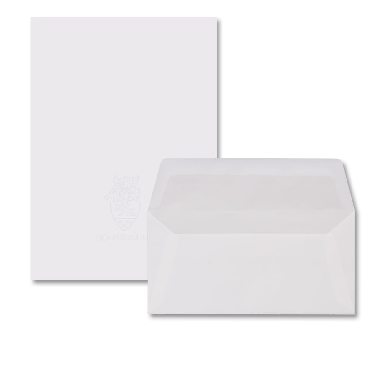 100 Sets Gohrsmühle Feinstpapier mit abgepasstem Wasserzeichen - Weiß Matt DIN A4 - Umschläge DIN Lang gefüttert mit hellgrauem Seidenpapier 80 g/m²