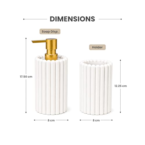Image of MARKET 99 Bathroom Accessories Set of 2 | White Polyresin Liquid Soap Dispenser & Toothbrush Holder | Matte Bathroom Countertop Organizer | Modern Wash Basin & Vanity Accessory Set
