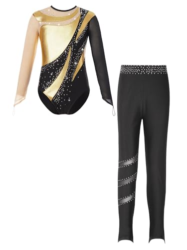 Alvivi Mädchen Turnanzug Glitzer Gymnastikanzug mit Leggings Hose Langarm Ballettanzug Gymnastik Leotard Trikotanzug Akrobatik Wettbewerb Tanzkostüm Gold&Schwarz 170-176 Alvivi Mädchen Turnanzug Glitzer Gymnastikanzug mit Leggings Hose Langarm Ballettanzug Gymnastik Leotard Trikotanzug Akrobatik Wettbewerb Tanzkostüm Gold&Schwarz 170-176