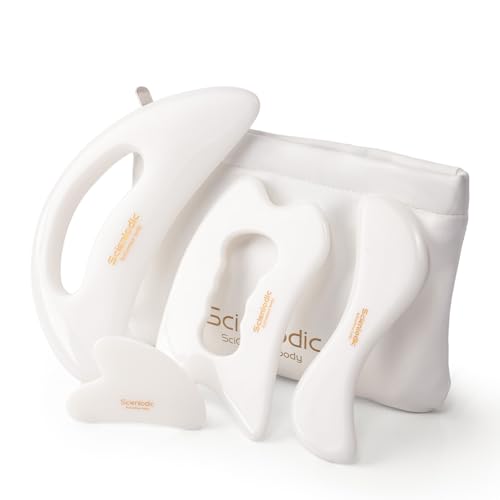 Image of Scienlodic 4 Pcs Gua Sha Massage Tools for Face & Body (White, Resin) - Guasha Scraping Tool for Jawline Contouring, Puffiness Reduction, Neck, Back, Legs & Muscle Relaxation