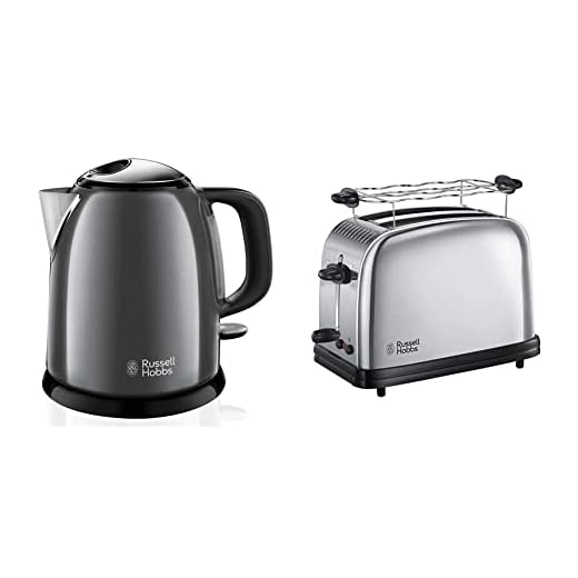 Russell Hobbs Hervidor de Agua Eléctrico Colours Plus 2400 W, 1 litro, Acero Inoxidable + Tostadora Victory 2 Ranuras Cortas y Anchas, para 2 Rebanadas, Acero Inoxidable, Plata 23310-56