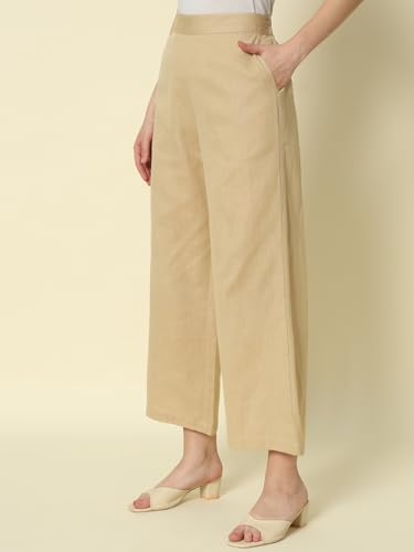 Image of FIORRA Womens Loose Mid Rise Cotton Solid Palazzo