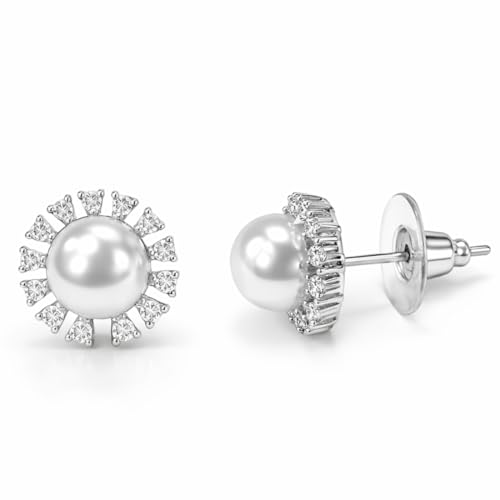 Image of Nilu's Collection Rose Gold Plated Triangular Design Pearl Stud Earrings With American Diamond for Women And Girls | Gift For Her | Anti- Allergy |Anti-Tarnish | Office Wear