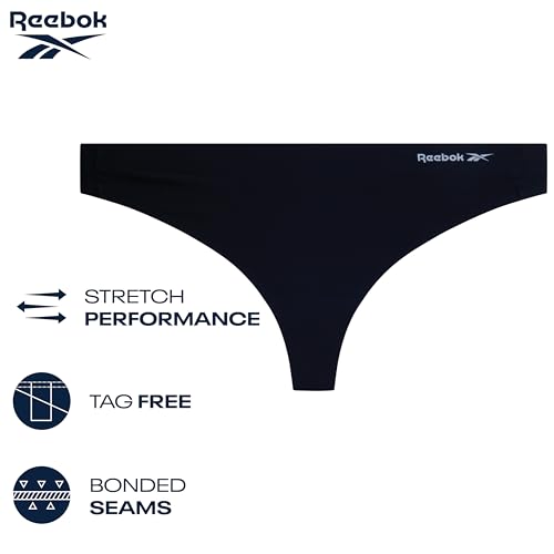 Reebok Womens Thong Underwear - 4 Pack or 8 Pack Stretch Performance Womens Underwear Sexy Seamless Thongs for Women (S-XL), Size Large, Shark Skin/Black-4pk