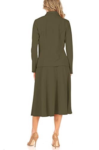 Two Piece Lightweight Solid Long Sleeve Casual Blazer Relaxed A-Line Midi Skirt Olive 3XL4