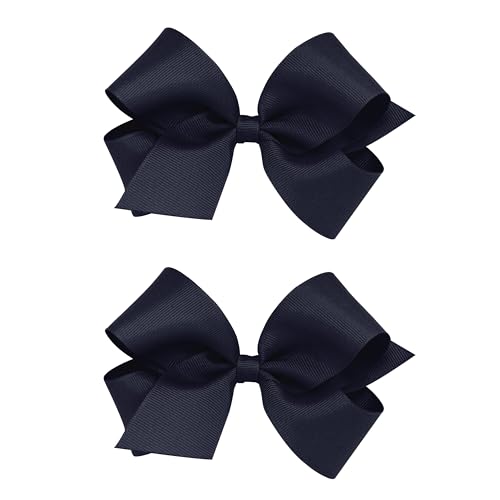 Wee Ones Girls 2 Pack Grosgrain Hair Bows with Plain Wrap Centre on a Wee Stay No Slip Clip, Medium, Navy