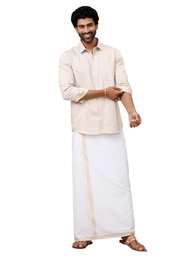 Image of RAMRAJ COTTON Men Full Sleeve Solid Shirt With Matching Border Dhoti|Ideal For Weddings And Occasion