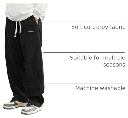 Image of Hidkat Mens Corduroy Casual Pants Fashion Loose Fit Wide Leg Pants Straight Sweatpants Elastic Waist Drawstring
