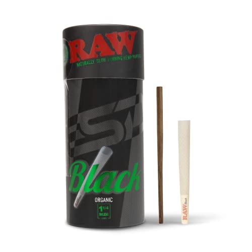 RAW Black Organic 1-1/4 Size Cones 50 Pack of Pre Rolled Cones Extra Thin Slow Burning Paper Tips and Packaging Tubes Included