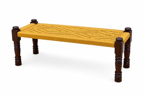 Image of Handwoven Wooden Bench | Traditional Rope Charpai Stool | Solid Wood Frame Seating for Living Room, Balcony & Outdoor | Durable & Stylish Design (Yellow)