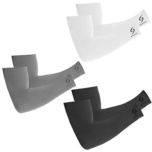 Sportout Unisex UV Protection Cooling Arm Sleeves, Ultra-long Tattoo Cover Sleeves，6 pairs (Black-Grey-White)