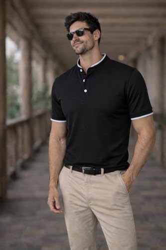 Image of Dagcros Men Polo T-Shirt, with White Trim, Short Sleeve, Button Collar Tshirt for Mens