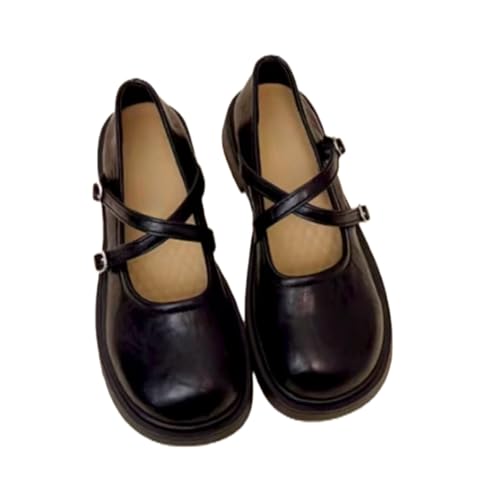 Cute Mary Jane Flats for Women Round Toe Cross Strap Shoes Soft Leather Comfort Walking Flats for Everyday School Office Weekend