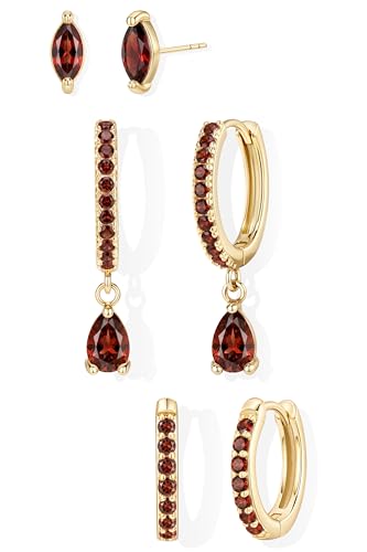 GoldGifts January Birthstone Garnet Earrings - Red Jewelry Gift Hypoallergenic 14K Gold Plated Small Huggie Hoop Set for Women Dainty Lightweight Trendy Stack Dangle Studs for Cartilage Helix