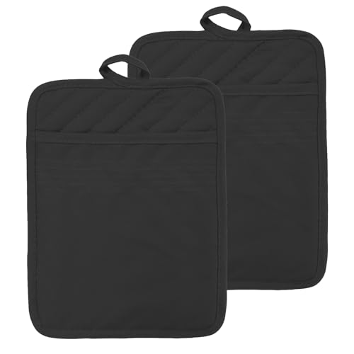 2Pcs Pot Holder, Pot Holders Heat Resistant, Oven Mitts Heat Resistant, 7 X 9 Inch Black Cotton Heat Resistant Potholder for Cooking Grilling Baking In Restaurant