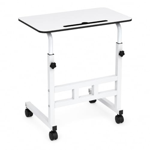 Image of amazon basics Adjustable Sofa Side Table with Wheels, 26-34 Inch, White | Portable Bedside Table with Wheels