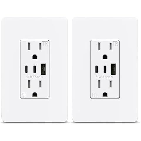 ThunderWay USB Outlet Receptacle- 3-Port USB C Wall Outlet, 30W 6.0A USB Electrical Outlet, 15 Amp Tamper-Resistant Outlet with USB C Ports, ETL Listed, Screwless Wall Plate Included, 2 Pack, White Cover