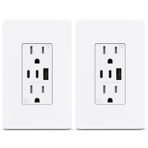 ThunderWay USB Outlet Receptacle- 3-Port USB C Wall Outlet, 30W 6.0A USB Electrical Outlet, 15 Amp Tamper-Resistant Outlet with USB C Ports, ETL Listed, Screwless Wall Plate Included, 2 Pack, White