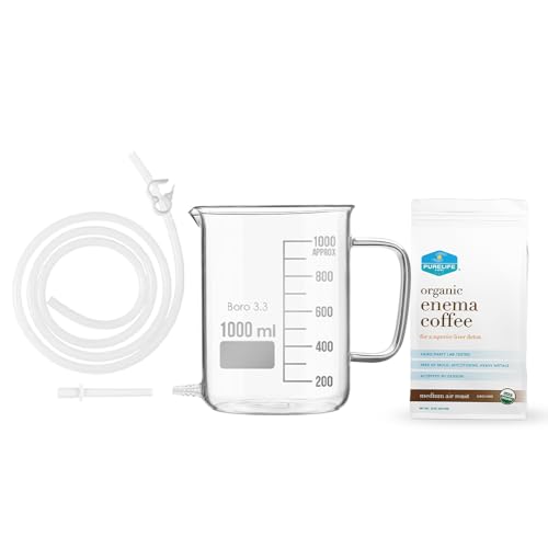 Purelife Coffee Enema Kit - 1 Qt Non Toxic Glass Enema Bucket - for Colon Cleansing - Home Enemas - Liver Detox for Gerson Therapy - 1/2 Lb Organic Enema Coffee - Lab Tested