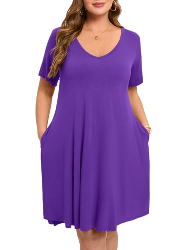 Image of ZENNILO Women's Plus Size Swing Dress with Pockets Casual Summer Dresses V Neck Short Sleeve T Shirt Dress for Women