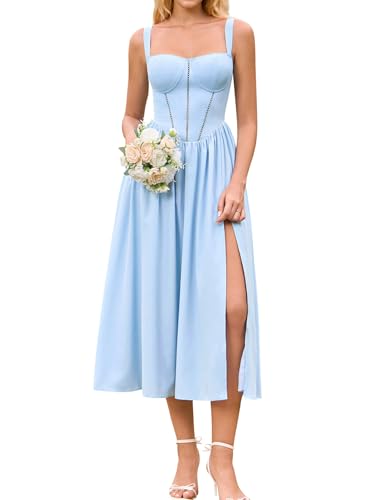 Image of KUTUMAI Floral Corset Midi Dress Flowy Slit Summer Spring Wedding Guest Dresses for Women Sundress with Pockets