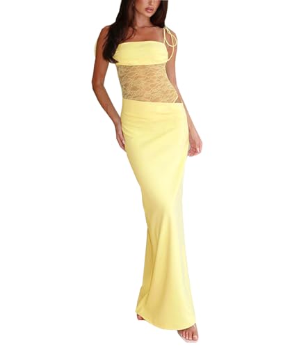 Image of Women Sexy Lace Patchwork Maxi Dress Spaghetti Straps Y2K Sheer Long Bodycon Club Cocktail Long Dresses