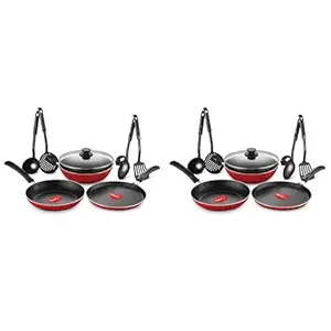 Pigeon by Stovekraft Mio Nonstick Aluminium Cookware Gift Set, Includes Nonstick Flat Tawa, Nonstick Fry Pan, Kitchen Tool Set, Kadai with Glass Lid, 8 Pieces Non-Induction Base Kitchen Set - Red