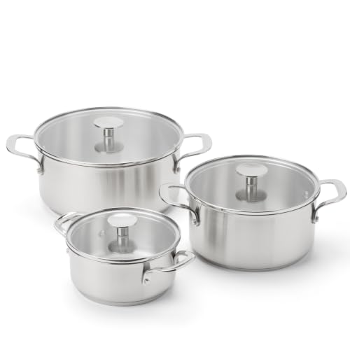 KitchenAid Stainless Steel set de faitouts, 3 pièces, 16 cm, 20 cm et 24 cm, acier inoxydable 3 couches, induction, compatible four jusqu’à 220 °C, compatible lave-vaisselle, argent