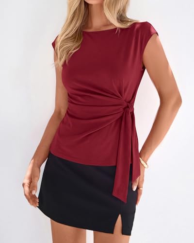 BTFBM Womens Tops Summer 2026 Cap Sleeve Crew Neck Tie Waist Blouses Dressy Casual Business Work Clothes Early Fall Fashion(Red, X-Small) — view 4