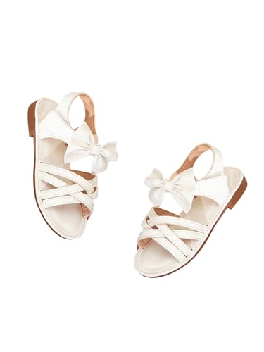 GORGLITTER Girl's Criss Cross Strappy Bow Cute Flat Sandals Open Toe Backstrap Vacation Flats White 3.5