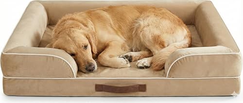 Codi Large Memory Foam Layer Dog Bed, Washable Orthopedic Dogs Beds Couch with Removable Zipper Cover, Waterproof Pet Sofa with U-Shape Bolster, Khaki, 91x68x(7.5+8.9) cm