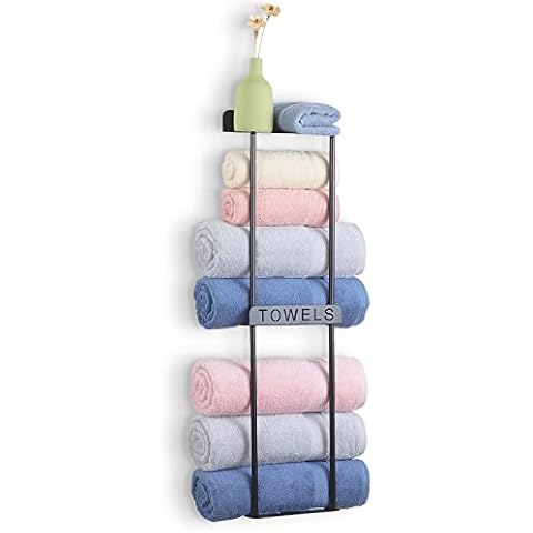 HOMBYS Towel Rack with Shelf Wall Mounted, Black Hand Towel Holder for Bathroom Towel Storage, Metal Wall Towel Rack Holder for Rolled Towels, New Upgrade Bathroom Towel Organizer Cover