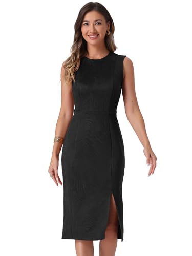 Image of Allegra K Faux Suede Dresses for Women's Sleeveless Crewneck Split Hem Work Office Sheath Dress
