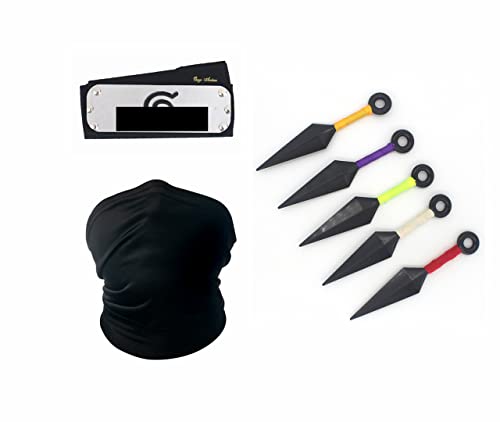 Ouye Anime 7Pack Kunai Ninja Cosplay Headband, Kakashi Cosplay Mask Veil Leaf Village Headband Forehead Protector and Face Mask (Black)