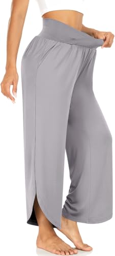 Image of TARSE Women's Wide Leg Yoga Pants Cross High Waist Flowy Split with Pockets | Comfy Lightweight Stretch, Flare Hem Cropped, Loose Dance Pants, Travel & Lounge, Everyday Casual Wear