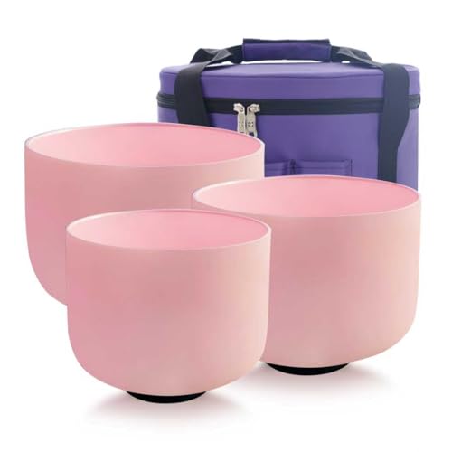 Bols chantants en cristal contre le stress : pack de 3 en quartz rose et étui antichoc