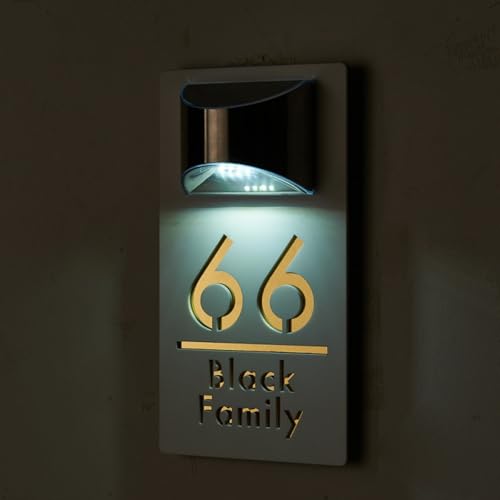 Señal de número de casa LED solar placa de dirección acrílica moderna blanco y oro 4