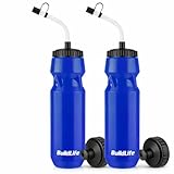 Hockey Water Bottle with Long Straw - 32 OZ Squeeze Sports Water Bottles 2 Pack with 2 Lids Each(Straw and Squeeze),Lacrosse Water Bottle for Helmet Hockey,Football,Boxing,BPA Free,Dishwash Safe(Blue)