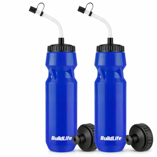 Hockey Water Bottle with Long Straw - 32 OZ Squeeze Sports Water Bottles 2 Pack with 2 Lids Each(Straw and Squeeze) Lacrosse Water Bottle for Helmet Hockey Football Boxing BPA Free Dishwash Safe(Blue)